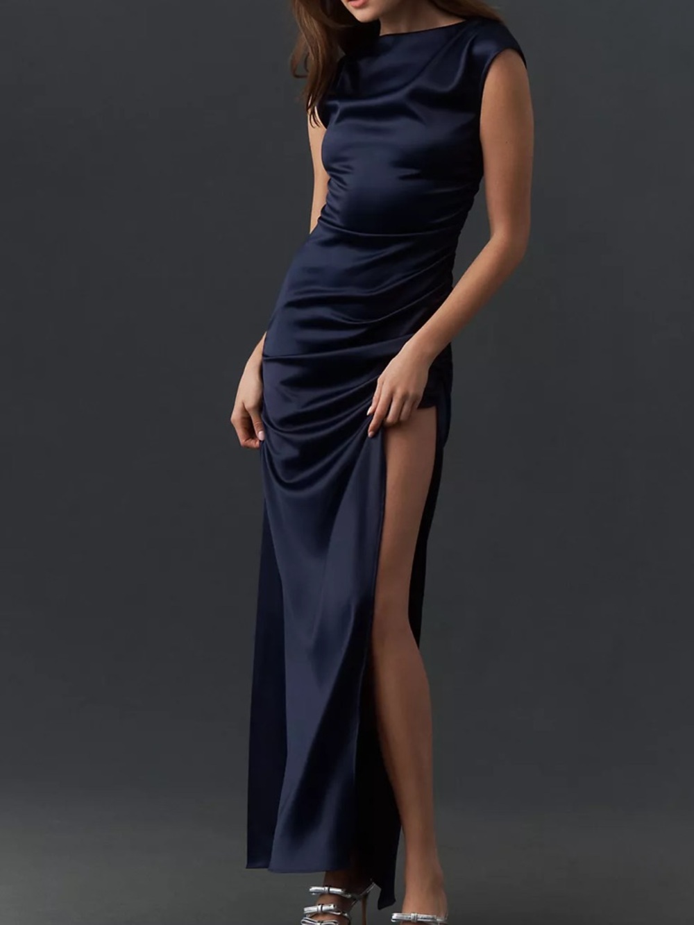 NWT BHLDN Anthropologie Francesca Deep Navy high neck stretch Satin maxi dress L
